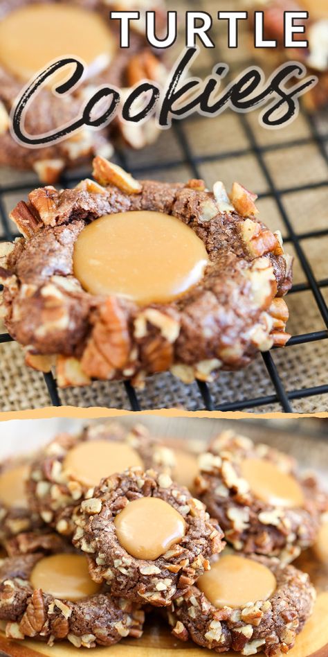 These homemade TURTLE COOKIES are just like the chocolates except soft and chewy. With a caramel thumbprint center, you can't beat this nutty chocolate caramel combination. #turtlecookies #thumbprintcookies #cookierecipes #christmas #christmascookies Thumbprint Cookies With Icing, Turtle Cookies Recipe, Cookies Thumbprint, Homemade Turtles, Cookies Icing, Chewy Chocolate Cookies, Turtle Cookies, Thumbprint Cookies Recipe, Caramel Bits