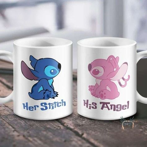 Draw On Ceramic, Stitch Wedding Ideas, Sculpted Mugs, Angel Disney, Stitch Couple, Angel Couple, Stitch Mug, Stitch Wedding, Mug Print