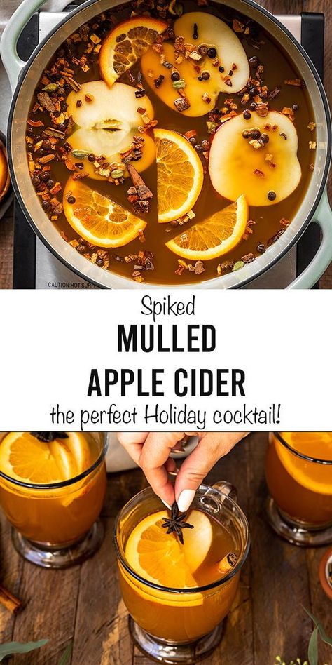 Spiced Mulled Cider, Thanksgiving Cider Spiked, Mulled Spiked Apple Cider, Mulled Spiced Cider, Thanksgiving Mulled Cider, Mulled Hot Apple Cider Recipe, Boozy Cider Recipe, Thanksgiving Hot Alcoholic Drinks, Hot Thanksgiving Cocktails