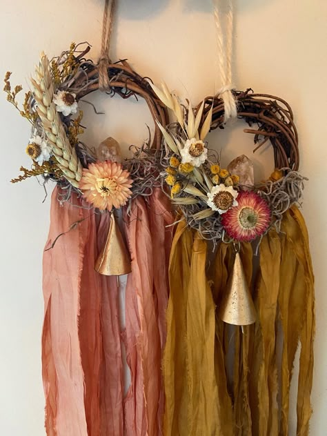 Lughnasadh Altar, Lammas Lughnasadh, Crescent Moon Wreath, Bell Witch, Pagan Christmas, Witch Bells, Driftwood Wreath, Wiccan Decor, Pressed Flower Crafts