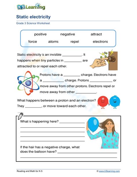 Electricity Worksheet, Grade 3 Science, Electric Charge, Worksheet For Kids, Science Worksheets, Static Electricity, Positive And Negative, Teacher Stuff, Worksheets For Kids