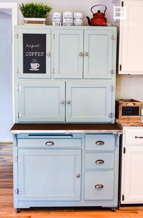 This is how I turned this old, beat-up Hoosier Cabinet into a Coffee Bar for my kitchen. I always wanted to have a coffee bar in my kitchen. This old, beat-up Hoosier Cabinet I found on Craigslist had the perfect dimensions for my space so I decided to buy it. It had been painted and stripped a million times and the wood was in horrible shape inside and out so I had to use a lot of wood filler to fix all holes and scratches. I also . scrubbed it with soapy water to remove years of… Hoosier Cabinet Makeover, Hoosier Cabinet Ideas, Beverage Bar Ideas, Bakers Cabinet, Cabinet Coffee Bar, Wood Spa, Diy Coffee Station, Coffee Station Ideas, Coffee Station Kitchen