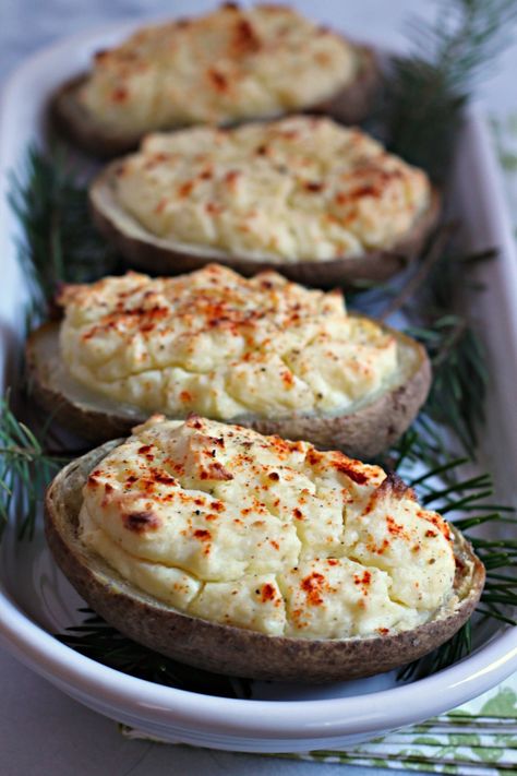 Twice-Baked Boursin Cheese Potatoes - Cooking with Books Boursin Twice Baked Potato, Boursin Potatoes, Baked Boursin, Yummy Potatoes, Boursin Recipes, Cheese Recipes Appetizers, Twice Baked Potato, Holiday Side Dish, Boursin Cheese