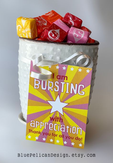 "This employee appreciation printable treat gift tag is a great card to add to some starBURST candy * DIGITAL DOWNLOAD No physical item will be sent. * ITEM Printable gift tag for employees, staff, team members, teachers and more! READS: I am bursting with appreciation for all that you do! * SIZE: Teacher Appreciation gift tags are approximately 2.5 x 3.5\".  4 on an 8.5 x 11 (letter size) file. Store Policy For personal use only No file sharing Not for inappropriate use No refunds on digital pr Faculty Gifts Staff Appreciation, Student Worker Appreciation Ideas, Birthday Gift For Employee, Appreciation Treats For Staff, Small Appreciation Gifts For Employees, Bulk Appreciation Gifts, Employee Appreciation Gift Baskets, Cheap Employee Appreciation Gifts, Employee Appreciation Ideas Gift