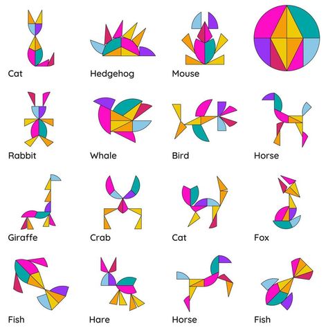 Origami Circle, Tangram Animals, Animals Vector Illustration, Tangram Patterns, Pen And Paper Games, Visual Perception Activities, Tangram Puzzles, Different Animals, Lino Art