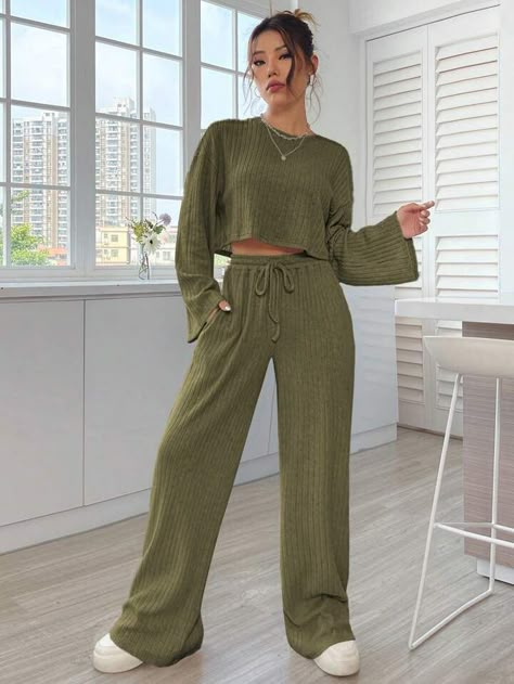 SHEIN EZwear Drop Shoulder Crop Tee & Drawstring Waist Pants | SHEIN USA Knit Loungewear Set, Knit Loungewear, Lounge Outfit, Pantalon Large, Cozy Fits, Loungewear Set, Long Sleeve Knit Tops, Outfit Set, Crop Tee