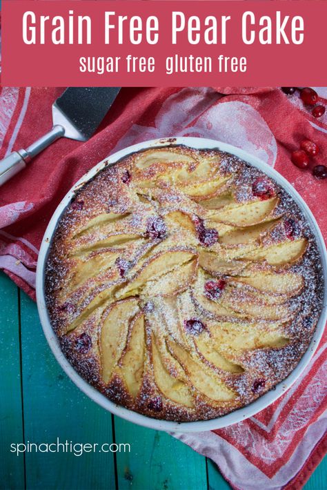 Grain Free Low Carb Italian Pear Cake, made with almond flour, coconut flour, fresh pear, cardamom. Paleo and Keto friendly. #italianpearcake #pearcake #ketocake #spinachtiger #sugarfree #swerve via @angelaroberts Low Carb Pear Dessert Recipes, Almond Flour Pear Cake, Keto Pear Dessert Recipes, Keto Pear Recipes, Thm Cake, Pear Cardamom, Pear Desserts, Low Carb Italian, Keto Pies