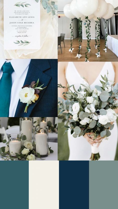 Navy Blue And Dark Teal Wedding, Navy Sage And Cream Wedding, Light And Dark Green Wedding, Dark Teal Color Palette Wedding, Navy Blue Green White Wedding, Sage And Dark Blue Wedding, Teal And Sage Green Wedding, Dark Blue Summer Wedding, Midnight Blue And Green Wedding