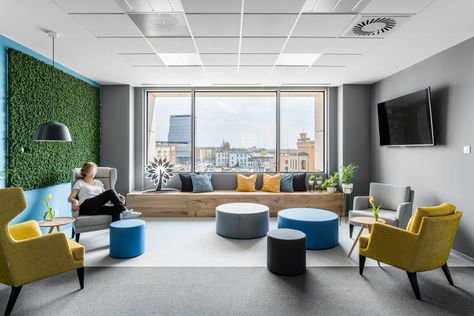 TBSCG Offices - Wrocław Smart Office Design, Bar Stool Bench, Furnishing Small Spaces, Highback Sofa, Plants Table, Office Room Design, Office Signage, Cool Office Space, Small Space Office