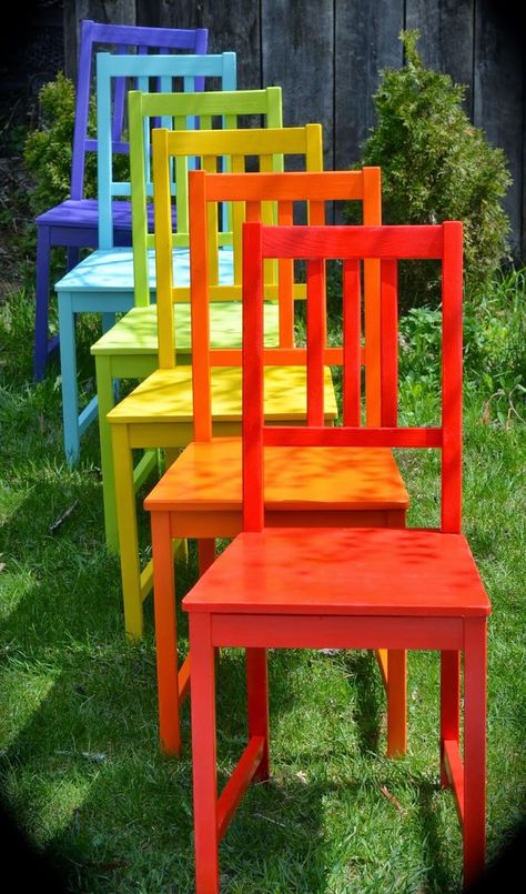 Refinished Chairs, Rainbow Chairs, Ikea Chair, Painted Chairs, Colorful Chairs, Adirondack Chair, The Grass, Kitchen Chairs, Happy Colors