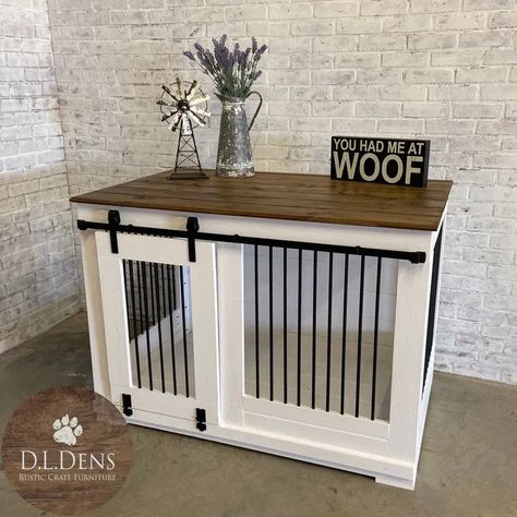 Furniture Style Dog Crate, Wood Dog Crate, Dog Den, Diy Dog Crate, Wooden Dog Crate, Dog Crate Cover, Dog Kennel Furniture, Diy Dog Kennel, Dog Spaces