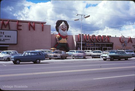 The Nugget Casino - Sparks, Nevada | A vintage Kodachrome slide showing Last Chance Joe standing over the entry of the Nugget Casino in Sparks.  Joe was later moved to a new location in town. Downtown Oakland, The Nugget, Reno Tahoe, New Location, Vintage Usa, American Shirts, Street Scenes, Last Chance, Good Old