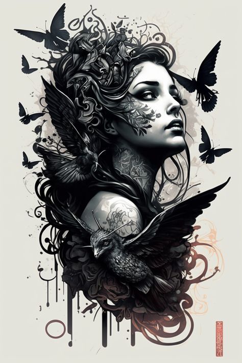 new tattoo art models & ideas Victorian Woman Tattoo Design, Warrior Princess Tattoo, Mirror Tattoos, Tats Ideas, Face Tattoos For Women, Princess Tattoo, Art Models, Raven Tattoo, Magic Women