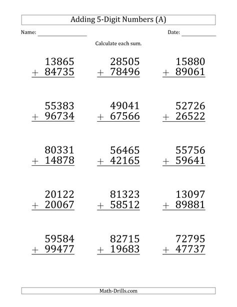 The Large Print 5-Digit Plus 5-Digit Addition with SOME Regrouping (A) Math Worksheet from the Addition Worksheets Page at Math-Drills.com. Class3 Maths Worksheet, 4 Digit Addition With Regrouping, 4 Class Maths Worksheet, 5 Digit Addition Worksheets, Cbse Class 3 Maths Worksheet, Class 4 Maths Worksheet Cbse, Class 4 Maths Worksheet, Class 5 Maths Worksheets, Easy Math Worksheets