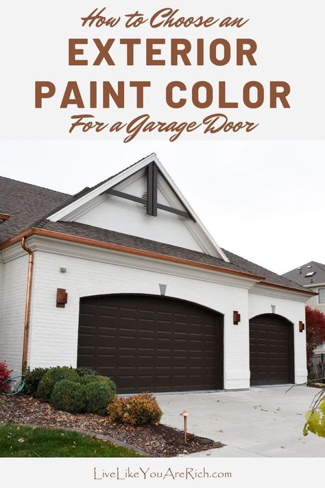 How to Choose an Exterior Paint Color for a Garage Door. Choosing to paint your garage doors is an inexpensive way to update your home and make it feel renewed and fresh. I had a nice garage door color but felt like it needed an overhaul —especially because we lime washed our brick white and the color of the off-white garage door color clashed with the lime wash. Nice Garage, Brown Garage Door, White Stucco House, Yellow House Exterior, Exterior Garage Door, Black Garage Doors, White Garage Doors, Painted Exterior Doors, Garage Door Colors