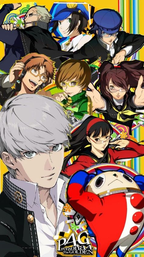 This is a Persona 4 Golden wallpaper. Yu Narukami, the main character of the game, is the bigger image. Around him you can find his friends Yosuke Hanamura, Chie Satonaka, Yukiko Amagi, Kanji Tatsumi, Rise Kujikawa, Teddie, Naoto Shirogane and Marie. The background is yellow like the theme of the game. Persona 4 Golden, Golden Wallpaper, Persona 4, Persona, I Hope, Collage