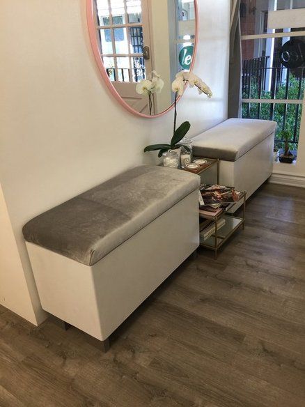 Storage waiting benches at the Leo by Paul Norton salon, West Hollywood, CA Waiting Bench, Woodworking Kits, Nail Salon Decor, Hair Salon Decor, Bench Seating, Painted Boxes, Salon Decor, Ottoman Bench, West Hollywood