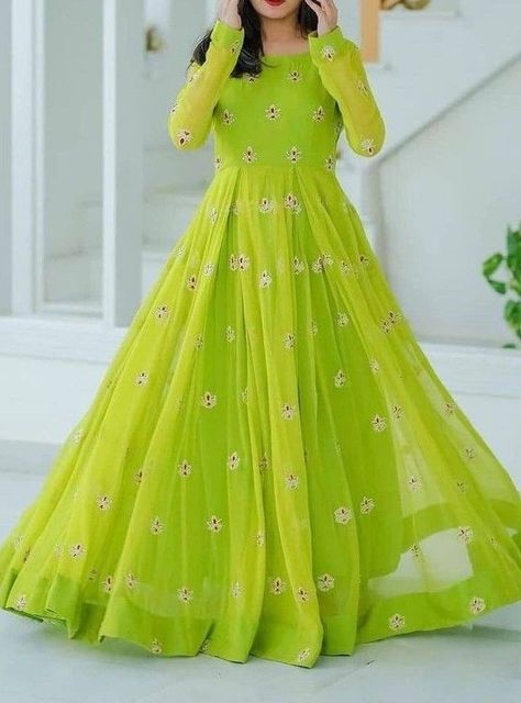 Green Colour Dress, Neon Color Dress, Neon Green Dresses, Neon Dress, Simple Frock Design, Stylish Kurtis Design, Long Frock Designs, Indian Women Fashion, Long Gown Design