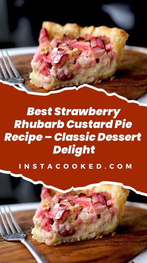 Strawberry Rhubarb Custard Pie displayed on a dessert plate, featuring a golden, flaky pie crust filled with a creamy custard studded with fresh strawberries and tart rhubarb. The top is slightly caramelized, with a glossy sheen from a touch of strawberry jam. The vibrant pink and red filling contrasts beautifully with the pie's crust, offering a delightful and comforting dessert perfect for any occasion. Rhubarb Strawberry Tart, Strawberry Rhubarb Custard Pie Recipe, Rhubarb And Custard Recipes, Strawberry Rhubarb Custard Pie, Rhubarb Custard Pie Recipe, Easy Rhubarb Recipes, Rhubarb Custard Pie, Rhubarb Rhubarb, Strawberry Rhubarb Pie Recipe