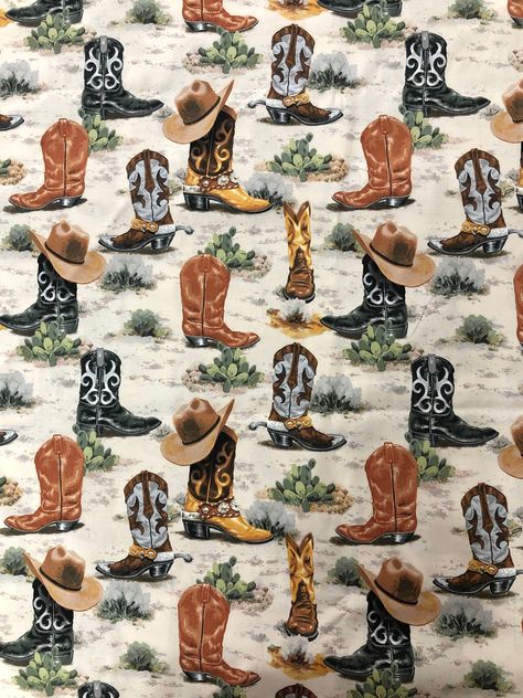 "If you order more then one yard of the same fabric it will be cut as one consecutive piece up to 4 yards. If you need a continuous cut after 4 yards, you will need to let me know and we can help the best we can! :) Cowboy Boots Fabric, Western Style, 100% Cotton, Quilting Fabric, Fabric by the yard, Apparel Fabric, Multi-Colored,  Make something full of kick with this Cowboy Boots Fabric! It includes a sandy beige background with shrubs and cacti. On top of that is a pattern of cowboy boots, so Western Fabric Prints, Harley Davidson Fabric, Western Fabric, Western Wall, Craft Area, Corpus Christi Tx, After 4, Happy Trails, Cotton Quilting Fabric