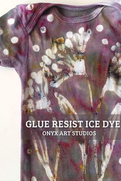 How To Ice Dye Fabric, Homemade Dye For Clothes, Glue Resist Tie Dye, Hands On Art Projects, Ice Dye Patterns, Floral Dyeing, Ice Dye Color Combinations, Fabric Dyeing Techniques Tutorials, Ice Dye Techniques