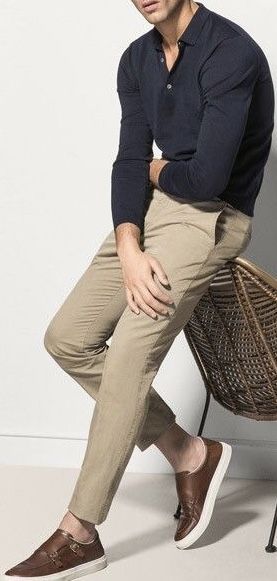 Dark Blue / Navy Shirt / Long Sleeve Polo . Dark Beige / Light Brown Chinos . Brown & White Contrast Leather Trainers #Spring #Summer #Autumn Trainers Outfit, Brown Chinos, Polo Shirt Outfits, Formal Men Outfit, Pants Outfit Men, Paris Style, Navy Blue Shirts, Outfit Jeans, Slim Fit Chinos