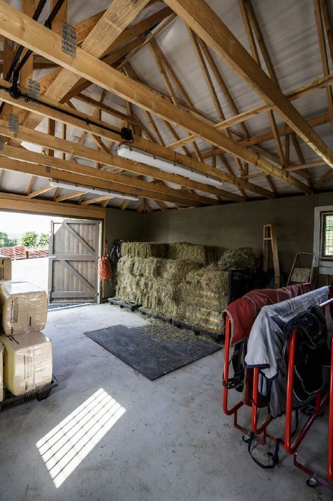 Horse Hay Storage, Hay Storage Ideas Barns, Hay Storage Ideas, Horse Feed Storage, Horse Feed Room, Luxury Horse Barns, Feed Room, Equestrian Barns, Hay Storage