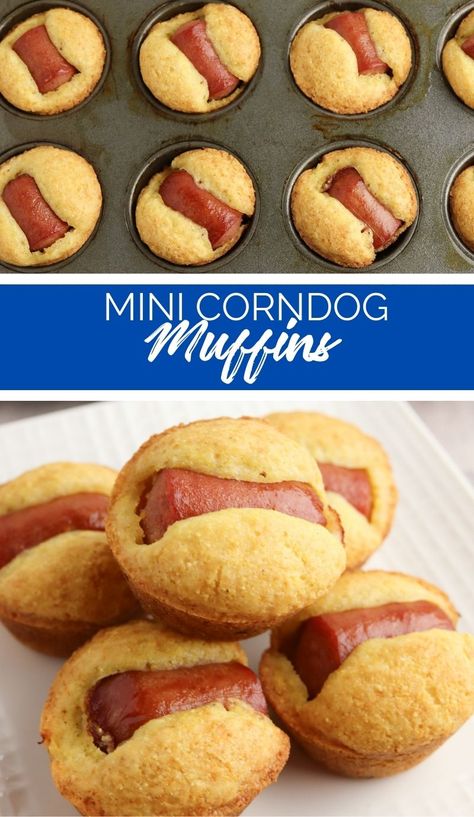 These Mini Corn Dog Muffins are super easy to make, fun to eat and are a delightful twist on the classic corn dog. Frankenstein Corn Dogs, Hot Dog Cornbread Muffins, Cornbread Pigs In A Blanket, Mini Corndog Muffins, Easy Corn Dogs, Mini Franks Recipe, Take Along Snacks, Breakfast Corn Dogs, Corndog Muffins Homemade