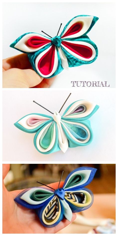 Fabric Origami Butterfly, Fabric Origami Tutorial, Fabric Butterfly Diy, Origami Flowers Diy, Fabric Butterflies, Fabric Art Diy, Ribbon Butterfly, Butterfly Ribbon, Kanzashi Tutorial