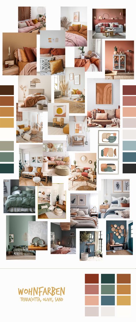 Terracota Color Palette Bedrooms, Modern Boho Color Palette Bedroom, Living Room Ideas Terracotta, Terracotta Palette Interior, Terracotta Room Inspiration, Retro Color Palette Living Room, Bedroom Aesthetic Color Palettes, Bohemian Room Color Palette, Terra Cotta And Gray Color Scheme