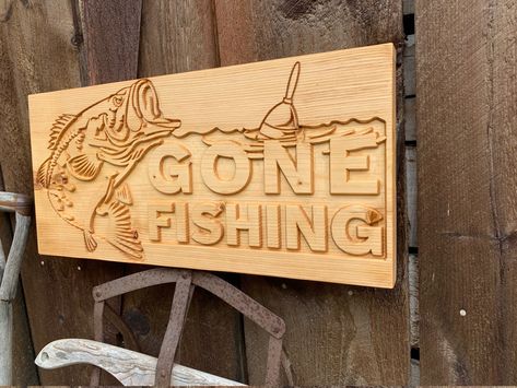 Gone Fishing Sign, Homecoming Signs, Cnc Machine Projects, Outdoorsman Gifts, Fire And Rescue, Carved Signs, Fishing Signs, Tung Oil, Gone Fishing