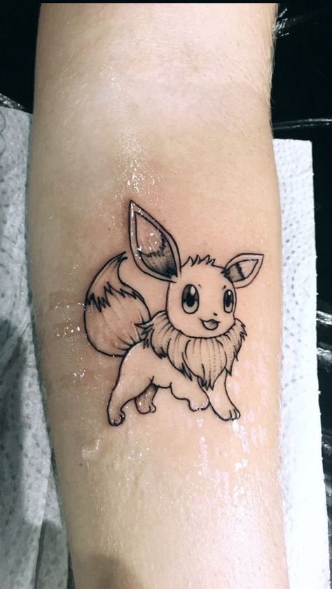 Eevee And Pikachu Tattoo, Simple Eevee Tattoo, Pokemon Tattoo Evie, Pokemon Tattoo Cute, Eevee Tattoo Ideas, Evee Tattoos, Pokemon Minimalist Tattoo, Eevee Tattoo Design, Tattoo Ideas Pokemon