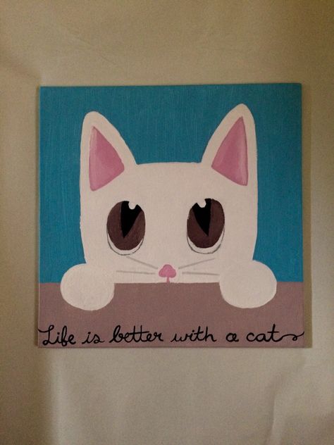 Simple Cat Painting Canvas, Simple Cat Painting Acrylic, Easy Cat Painting Ideas On Canvas, Easy Cat Painting, Cat Painting Easy, Cat Canvas Painting, Simple Cat Drawing, Cute Easy Paintings, Toddler Painting