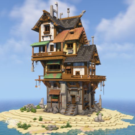 Bayou Cottage Minecraft, Waterfront House Minecraft, Ship House Minecraft, Minecraft Shoreline, Minecraft Ocean Base Ideas, Pirate Themed Minecraft Builds, Minecraft Sea Wall, Minecraft Sea Village, Minecraft Airship Dock