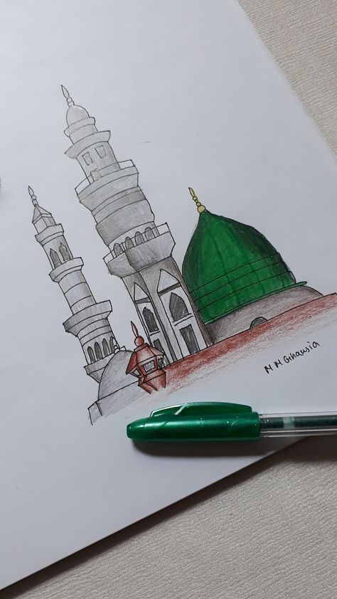 Al-Masjid an-Nabawi Madina Sharif drawing by me • M M Ghausia • Masjid E Nabvi Drawing, Kabba Sharif Painting, Masjid Drawing Art, Makkah Madina Drawings, Madina Sharif Sketch, Masjid Drawing Simple, Kabbah Makkah Drawing, Madeena Shareef Drawing, Masjid Nabawi Drawing