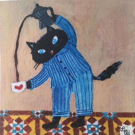 Mary Fedden, Pastel Sec, Cat Pajamas, Mia 3, Happy Art, Naive Art, Square Print, Cat Painting, Tabby Cat