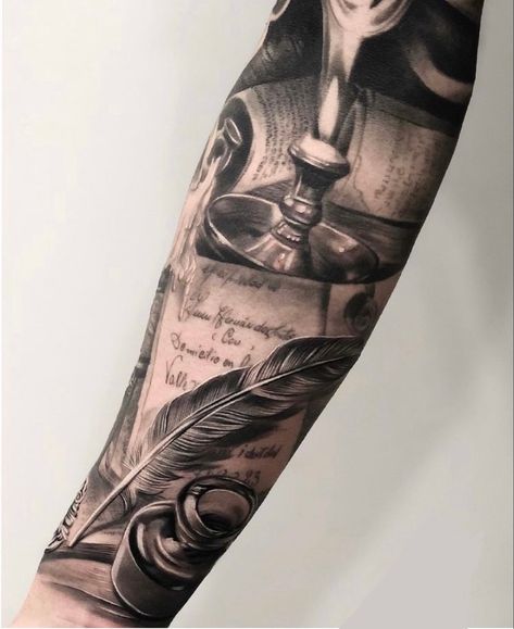 Voll Arm-tattoos, Scroll Tattoos, Arm Tattoos For Guys Forearm, Side Wrist Tattoos, Inner Bicep Tattoo, Idea Tattoo, Candle Tattoo, Realistic Tattoo Sleeve, Feather Tattoo Design