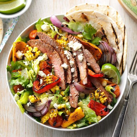 Fajita in a Bowl Recipe -Pull out the skewers and take a stab at grilling peppers, onions and corn for an awesome steak salad that’s all summer and smoke. —Taste of Home Test Kitchen, Milwaukee, Wisconsin Sirloin Salad, Recipes For Steak, Tomatillo Dressing, Fajita Salad, Steak Salad Recipe, Bean Salsa, Grilled Peppers, Taco Salad Recipes, Steak Salad