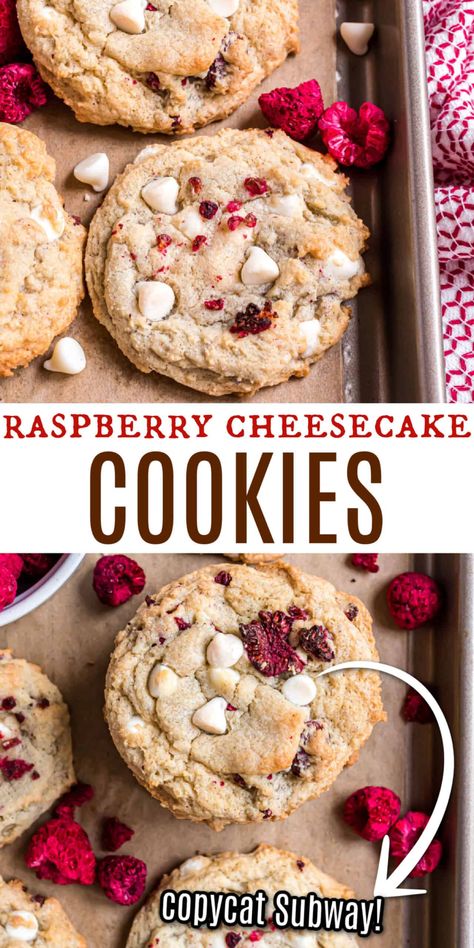 Blackberry Cheesecake Cookies, Subway Raspberry Cheesecake Cookies, Subway Cookie Recipes, Raspberry White Chocolate Cookies, Raspberry Cookie Recipes, Adorable Desserts, Famous Cookies, Subway Cookies, Raspberry Cheesecake Cookies