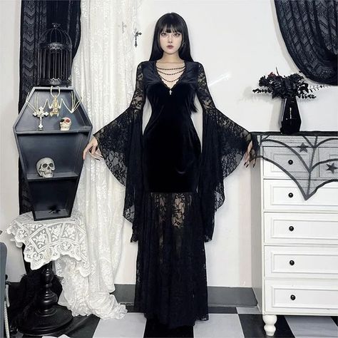 WANT or NEED? 🖤 🌹 Get this Gothic Vampire Lace Bell Sleeves Deep Neckline Long Dress 🦇 FREE SHIPPING Worldwide 🦇 . . . #gothclothes #altgoth #alternativelook #goth #gothic #gothgirl #alternativestyles #gothootd #fashionideas #gothaesthetic #gothfashion #darkfashion #gothlife #gothvibes #ootd #altfashion #gothbabe #gothmodel #gothstyle #black #metal #metalgirl #gothicstyle #metalheadgirl #outfitinspo #gothicfashion #outfitinspiration #metalchick #y2kfashion #gothicgirl Fairy Grunge Dress, Rose Lace Dress, Halloween Gothic, Vintage Fairy, Grunge Dress, High Waist Dress, Rose Lace, Women Halloween, Gothic Dress