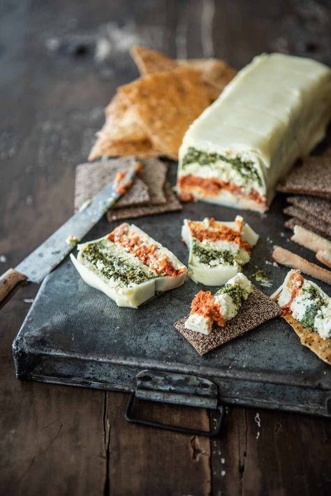 Antipasto Terrine | Chew Town Food Blog Tomato And Cream Cheese, Cheese Terrine, Pesto Appetizers, Terrine Recipe, Roasted Capsicum, Light Meals, Cheese Wrap, Provolone, Appetizer Dips