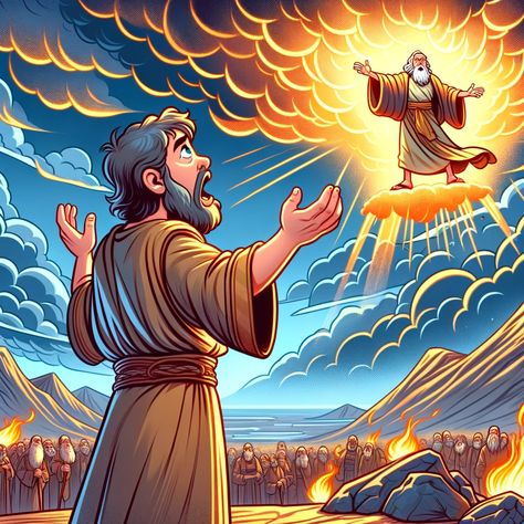 Create a cartoon image illustrating the concept of recognizing a divine intervention, inspired by the biblical story of Elijah on Mount Carmel. The scene should depict a stylized, cartoon Elijah in ancient attire, standing on a mountain with a backdrop of a dramatic sky. He looks inspired and in awe as he witnesses a miraculous, divine fire descending from heaven, signifying God's presence and... Animated Bible, Isaiah 59, Bible Cartoon, Bible Artwork, The 3 Kings, Bible Illustrations, Seeking God, Cartoon Images, Catholic Prayers