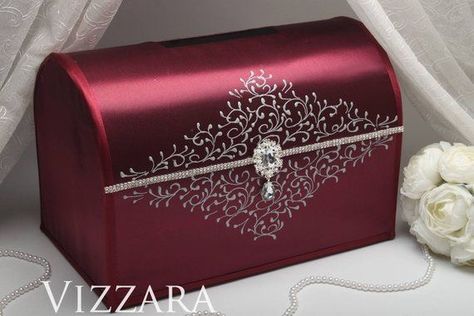 Wedding Money Box Ideas, Wedding Money Boxes, Money Box For Wedding, Money Box Ideas, Burgundy And Grey Wedding, 25th Wedding Anniversary Party, Box Wedding Card, Burgundy Wedding Colors, Wedding Planning List