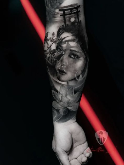 Intricate details and timeless elegance: our latest black and grey Geisha tattoo is a true masterpiece. We believe every tattoo tells a story—what does this one say to you? Share your thoughts in the comments!   Book a FREE consultation with us today, link in our Bio! Geisha Skull Tattoo, Geisha Tattoo For Men, Geisha Tattoo Sleeve, Black And Grey Tattoo, Geisha Tattoo, Best Sleeve Tattoos, Grey Tattoo, Black And Grey Tattoos, Free Consultation