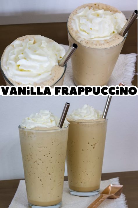 Learn how to recreate the delicious Starbucks Vanilla Frappuccino coffee with this simple recipe. Enjoy a refreshing, cold and creamy drink anytime. Diy Vanilla Frappuccino, Starbucks Vanilla Frappe Recipe, Cafe Vanilla Frappuccino Recipe, Diy Frappucino Coffee, How To Make Vanilla Frappe, How To Make A Vanilla Frappe, French Vanilla Frappuccino Recipe, Simple Frappe Recipe, Vanilla Bean Creme Frappuccino Recipe