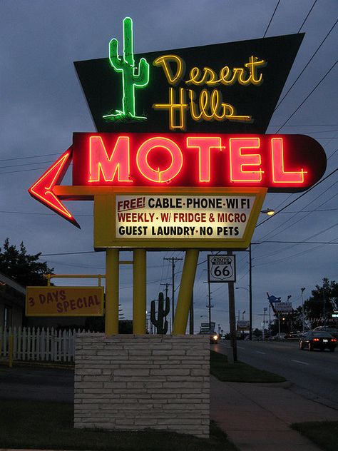 Desert Hills Neon Sign Route 66 by gtotiger68, via Flickr Desert Grunge, Old Neon Signs, Desert Hills, Retro Signage, Desert Aesthetic, Route 66 Road Trip, Bg Design, Vintage Neon Signs, Retro Sign