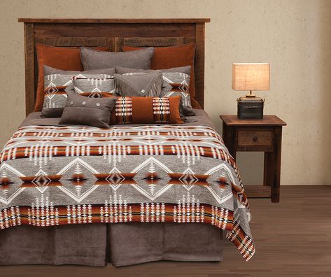 NEW!! Wooded River Mesquite Southwestern Bedding. Calming grays with orange accents. #bedding #westernbedding #westernbedroom #westernlifeandstyle #interiordesign #ranchhouse #southwestern #rodeostyle #westernstyle #ranchlifestyle #hacienda #westerndecor #bedroominspiration #bedroomdecor #cowboy #cowgirl #cowgirlstyle #southwesternstyle Aztec Bedding, Rustic Color Palettes, Western Bedding, Bed Ensemble, Wood River, Southwestern Design, Leather Bed, Bedding Essentials, Rustic Colors