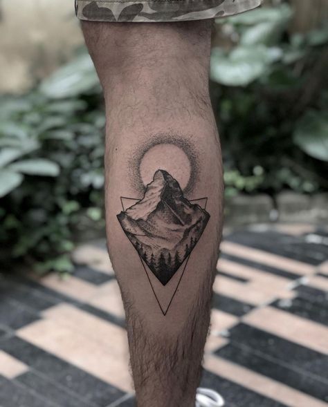 Mountain Calf Tattoo Men, Tattoo Designs Leg Men, Mountain Calf Tattoo, Male Calf Tattoo, Calf Tattoo Men Simple, Men’s Calf Tattoo Ideas, Calf Tattoo Men Calves, Back Calf Tattoos Men, Tattoo Ideas For Men Leg Calves