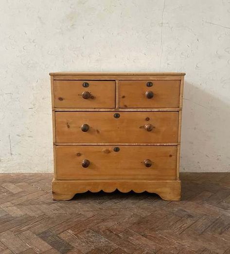 Scalloped Dresser, Chest Of Drawers Bedroom Vintage, Vintage Chest Of Drawers With Mirror, Vintage Burl Wood Dresser, Scalloped Skirt, Antique Pine Chest Of Drawers, 1st Apartment, Pine Chests, Vintage Chest Of Drawers