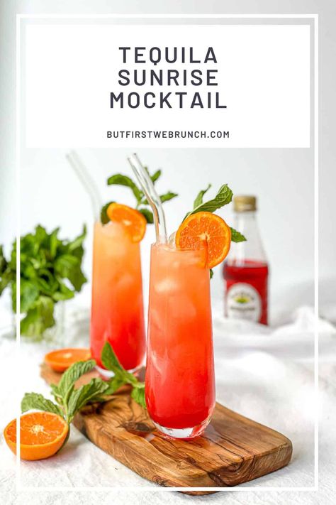 Tequila Sunrise Mocktail - But First We Brunch! Tequila Sunrise Mocktail, Sunrise Mocktail, Virgin Drinks, Bagel Breakfast Sandwich, Brunch Drinks, Dry January, Lime Soda, Tequila Sunrise, Cherry Juice